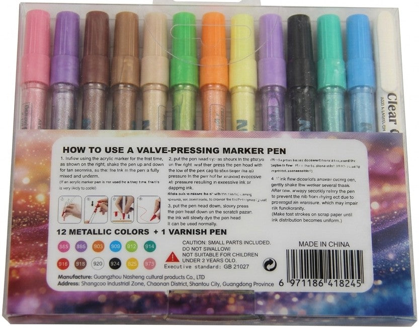 Guangna Metallic Nail-Art Set – 12 Farben + 1 Fixierstift (Vivid Rainbow Metallic)